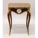 A FRENCH STYLE MAHOGANY, MARQUETRY AND ORMOLU CENTRE TABLE, with decorative Sevres style panels.