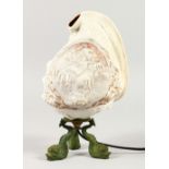 A SUPERB QUALITY CAMEO SHELL LAMP carved with a classical scene, nudes, men and horses, supported on