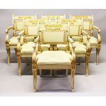 A SET OF SIX 20TH CENTURY EMPIRE REVIVAL ARMCHAIRS, with painted and parcel gilded carved wood