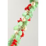 A SILVER, JADE, CORAL AND PEARL BRACELET.