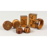 SIX VARIOUS TUNBRIDGE WARE BOXES and A SERVIETTE RING (7).