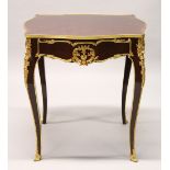 A FRENCH STYLE MAHOGANY, MARQUETRY AND ORMOLU CENTRE TABLE. 74cms wide x 77cms high.