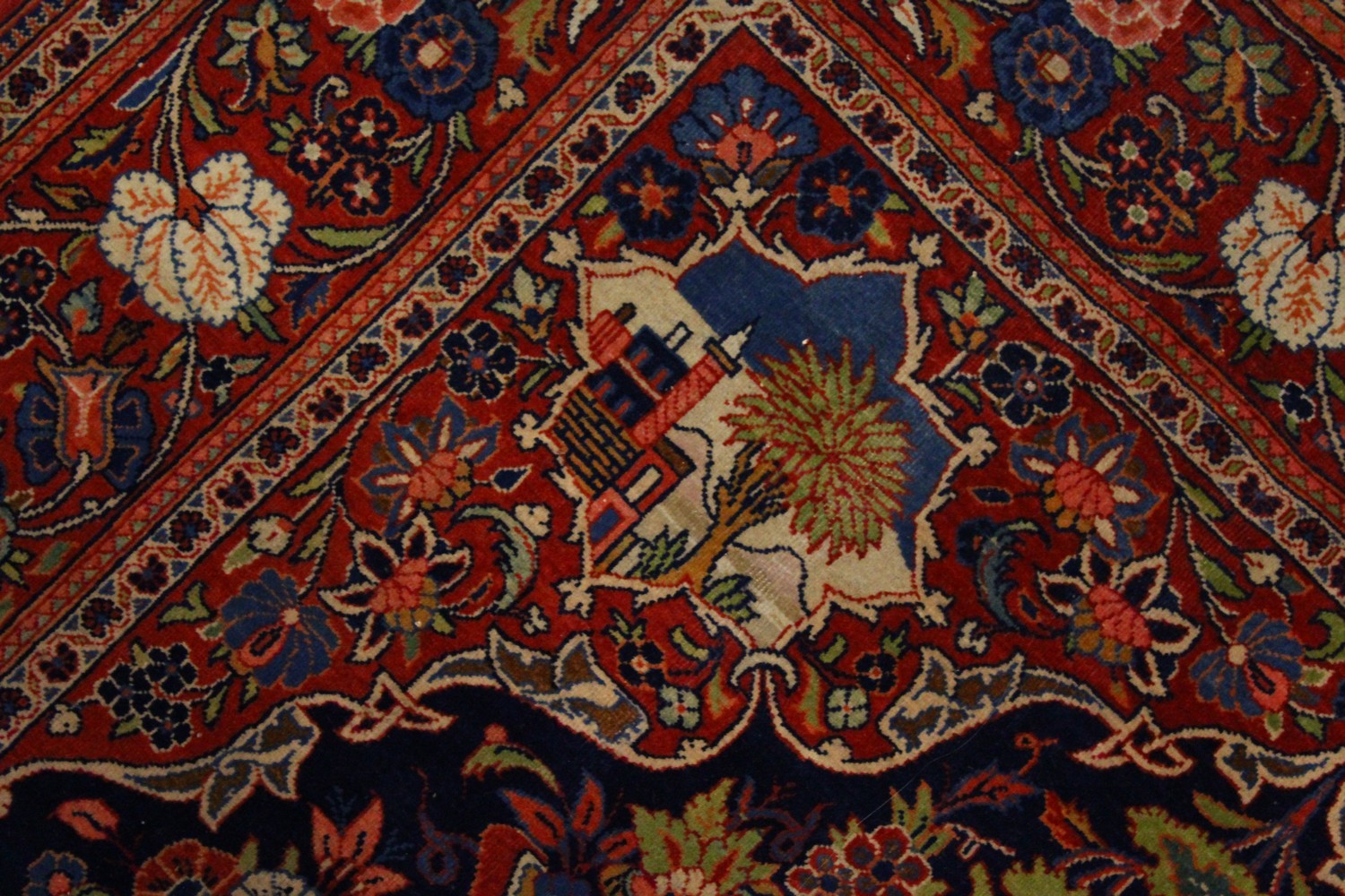 A GOOD PERSIAN "TREEOF LIFE" RUG decorated with panels of buildings and landscapes within a floral - Image 6 of 10