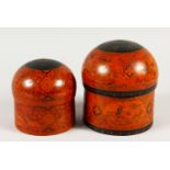 TWO VERY FINE INDIAN TURNED WOOD CIRCULAR BOXES, possibly HOSHIARPUR. 26cms high.
