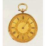 A LADIES 18K GOLD ENGRAVED POCKET WATCH.
