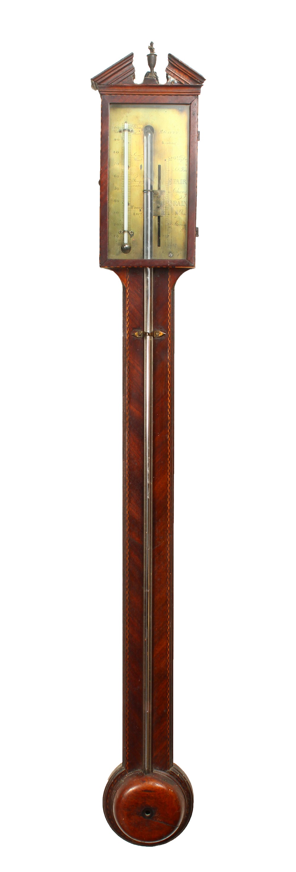 A GEORGE III MAHOGANY STICK BAROMETER by B. GATTY, READING, with brass face. 37ins long.