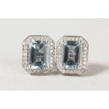 A GOOD PAIR OF 18CT WHITE GOLD, AQUAMARINE AND DIAMOND EARRINGS.