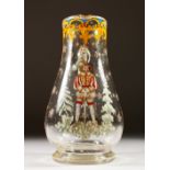 A GLASS JUG with enamelled decoration, man with a sword. 22cms high.