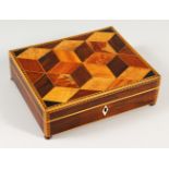 A GOOD TUNBRIDGE WARE JEWELLERY BOX, with parquetry inlay and fitted interior. 25cms long.