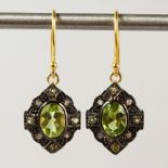 A PAIR OF 9CT GOLD, PERIDOT AND DIAMOND EARRINGS.
