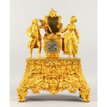 A SUPERB LARGE FRENCH ORMOLU MANTLE CLOCK, the drum movement in a case with a man and woman, with