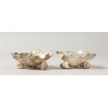 A PAIR OF CAST PLATE SHELL SALTS on three shell feet. 12cms.