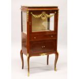 A FRENCH STYLE MAHOGANY AND ORMOLU MARBLE TOP VITRINE, with a glazed door above a drawer and pair of