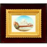 A GOOD OVAL PICTURE OF THE TAJ MAHAL in a gilt and wooden glazed frame. Picture 10cms x 12cms.