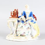 A MEISSEN GROUP OF A LADY, a spinning wheel on a table by her side. Cross swords mark in blue.