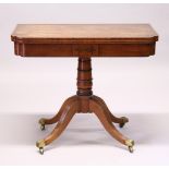 A WILLIAM IV MAHOGANY FOLDOVER CARD TABLE, with line inlaid decoration, the rectangular top with