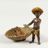 A SMALL VIENNA STYLE COLD PAINTED BRONZE, modelled as a boy with a basket and fish. 11cms hig.