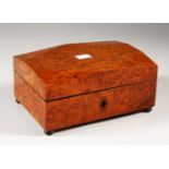 A LOVELY BURR WOOD SEWING BOX, fitted with four silver top bottles and accessories, some with gold