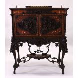 GILLOW & CO, A SUPERB CARVED MAHOGANY AND MARQUETRY STANDING CABINET, possibly made for the