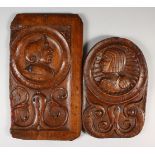 TWO 16TH CENTURY CARVED WOOD ROMAYNE PANELS. 42cms x 24cms and 33cms x 22cms.