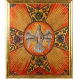 A GILT FRAMED PAINTED LEATHER PANEL of a dove of peace. 47CMS X 40CMS.