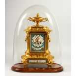 A VERY GOOD 19TH CENTURY FRENCH ORMOLU AND SEVRES PORCELAIN MANTLE CLOCK, with urn finial and very