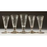 FIVE VARIOUS WRYTHEN FLUTED WINE GLASSES. 14cms (3) and 13cms (2).