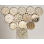 EIGHT VARIOUS SILVER COINS AND SEVEN SILVER ONE DOLLAR PIECES.