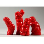 FOUR CHINESE CARVED CORAL FIGURES. Largest 8cms high.