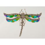 A SILVER PLIQUE ENAMEL AND MARCASITE DRAGONFLY BROOCH.