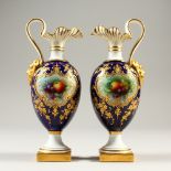 A GOOD SMALL PAIR OF ROYAL WORCESTER EWERS, blue ground with fruit painted cartouches by Chivers,