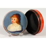 AN EARLY 18TH CENTURY LACQUER CIRCULAR BOX, the lid with a primitive portrait of a girl.