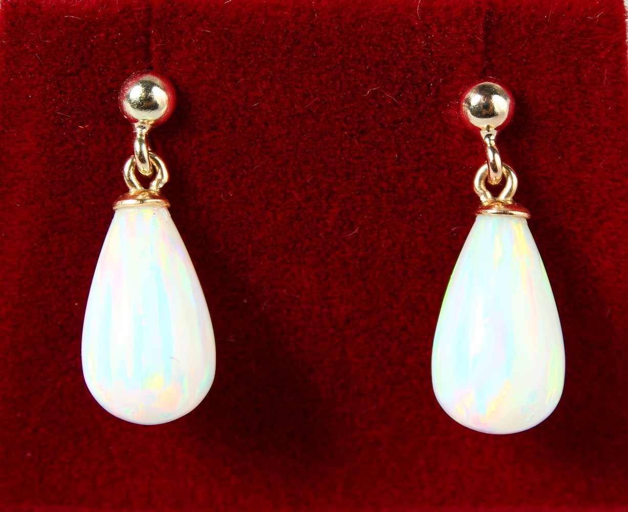 A PAIR OF 9CT GOLD AND GILSON OPAL DROP EARRINGS.