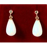 A PAIR OF 9CT GOLD AND GILSON OPAL DROP EARRINGS.