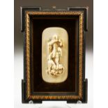 A GOOD FRAMED EUROPEAN IVORY OF A HUNTSMAN with a hawk and a dog at his side. 13cms x 6cms.