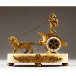 A FRENCH 19TH CENTURY GILT METAL AND MARBLE CLOCK formed as a chariot, the wheel with a clock