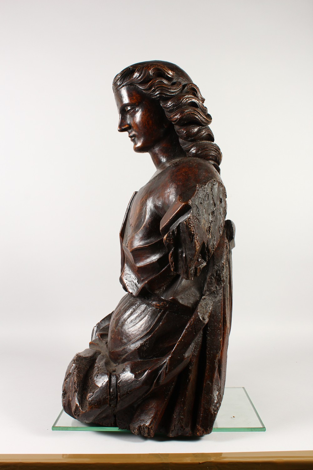 A 17TH - 18TH CENTURY ITALIAN CARVED FRUITWOOD ANGEL, half length. 74cms high. - Image 16 of 21