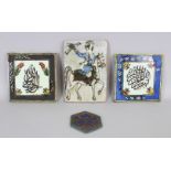 Four Islamic Tiles, Turkey, 20th century, comprising a Persian relief tile depicting a falconer on