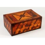 A GOOD TUNBRIDGE WARE JEWELLERY BOX, with parquetry inlay and key pattern, with fitted interior with