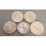 A VICTORIAN SILVER CROWN 1890 and four other silver coins (5).