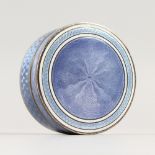 A SILVER AND BLUE ENAMEL PILL BOX. Engraved Dita, February 27th 1922. 5cms diameter.