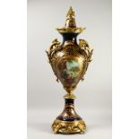 AN IMPRESSIVE SEVRES STYLE PEDESTAL VASE AND COVER, with ormolu mounts, decorated with landscape