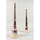 A GOOD PAIR OF MARBLE OBELISKS on square bases. 39cms high.