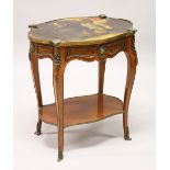 A FRENCH STYLE MAHOGANY AND ORMOLU TWO TIER TABLE, with Chinoiserie decorated lacquer top, a