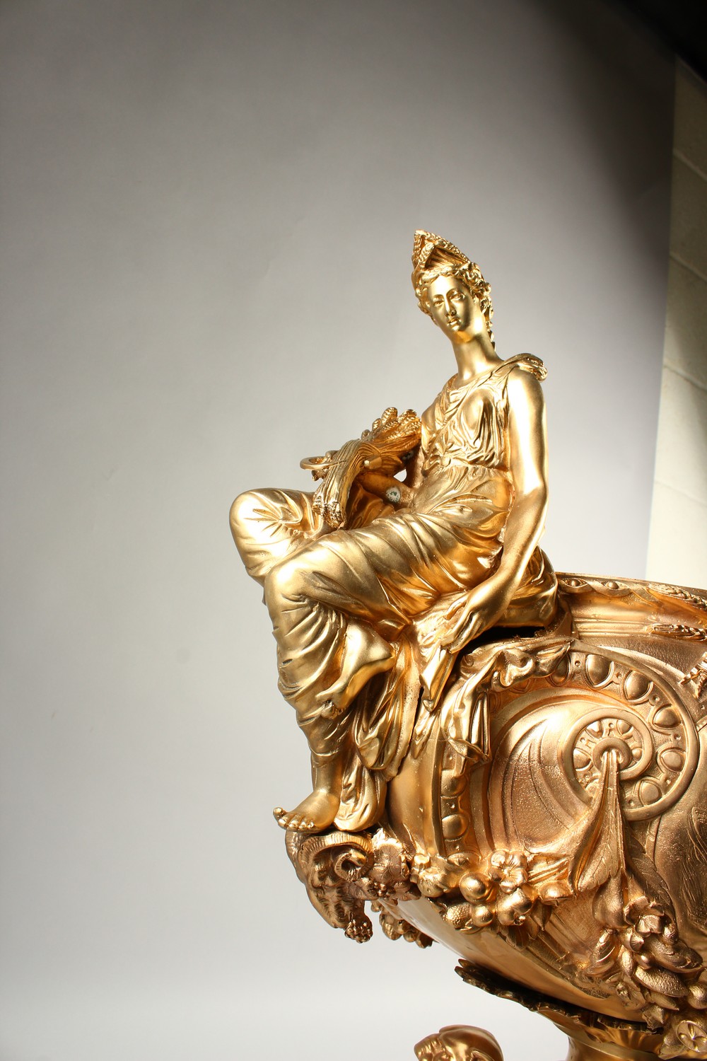 A LARGE AND IMPRESSIVE GILT BRONZE CENTRPIECE, the handles formed as classical female figures, on - Image 2 of 7