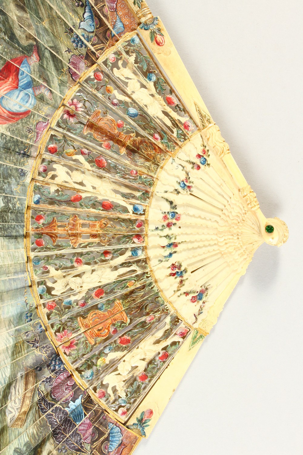 A LOUIS XVTH CARVED AND PAINTED IVORY FAN painted with classical scenes. Provenance: J. DUVELLEROY - Image 2 of 7