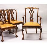 A SET OF SEVEN AND TWO SIMILAR CHIPPENDALE STYLE MAHOGANY DINING CHAIRS, two with arms, all with