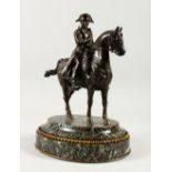 A SUPERB 19TH CENTURY FRENCH BRONZE OF NAPOLEON ON HORSEBACK, standing on an oval marble base.