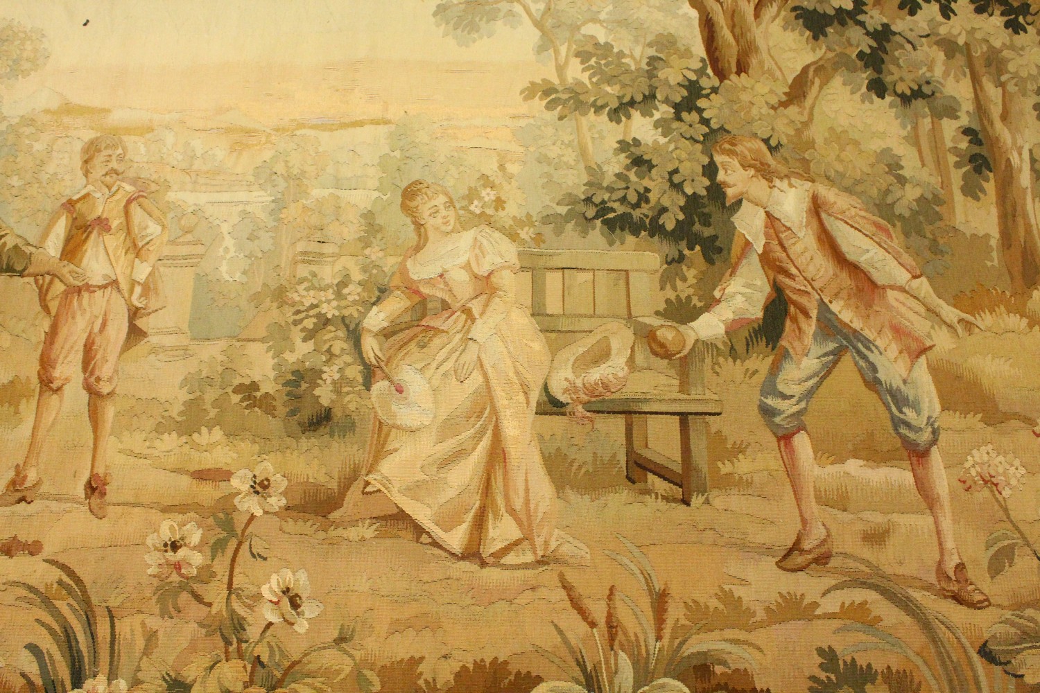 A GOOD LARGE LATE 19TH CENTURY TAPESTRY PICTURE, depicting a courting couple and other figures in - Image 4 of 16