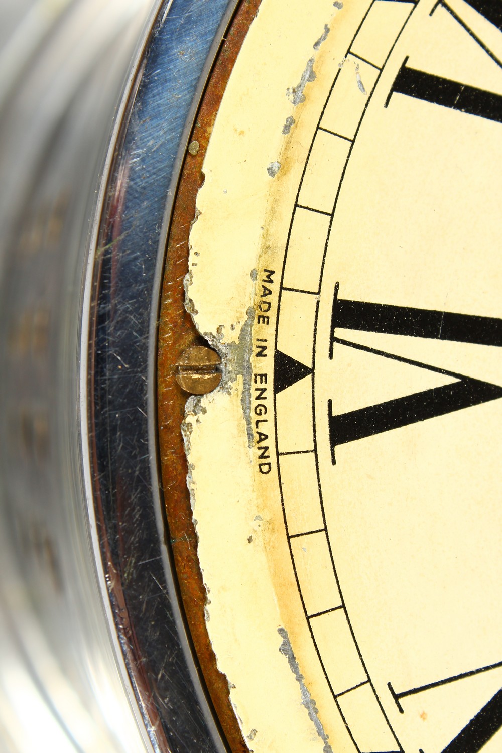 AN EARLY 20TH CENTURY NICKEL PLATED CIRCULAR WALL CLOCK, chiming on the hour, cream enamel dial with - Image 5 of 8
